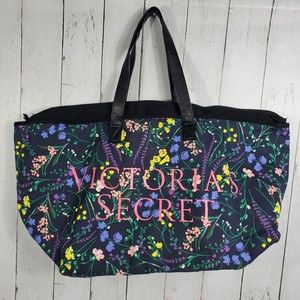 Victoria's Secret Floral Tote Bag Zip Closure Black Beach Travel Weekender Nice!
